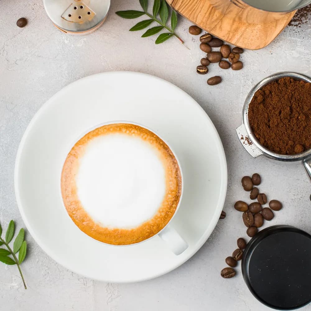 Cappuccino with thick milk foam in a white cup on a saucer, seen from above